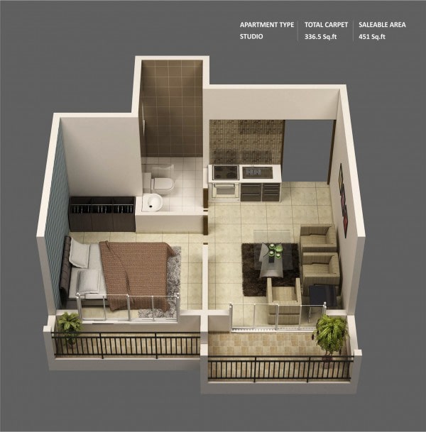 Thiết kế cơ bản về phân chia không gian trong chung cư 1 phòng ngủ